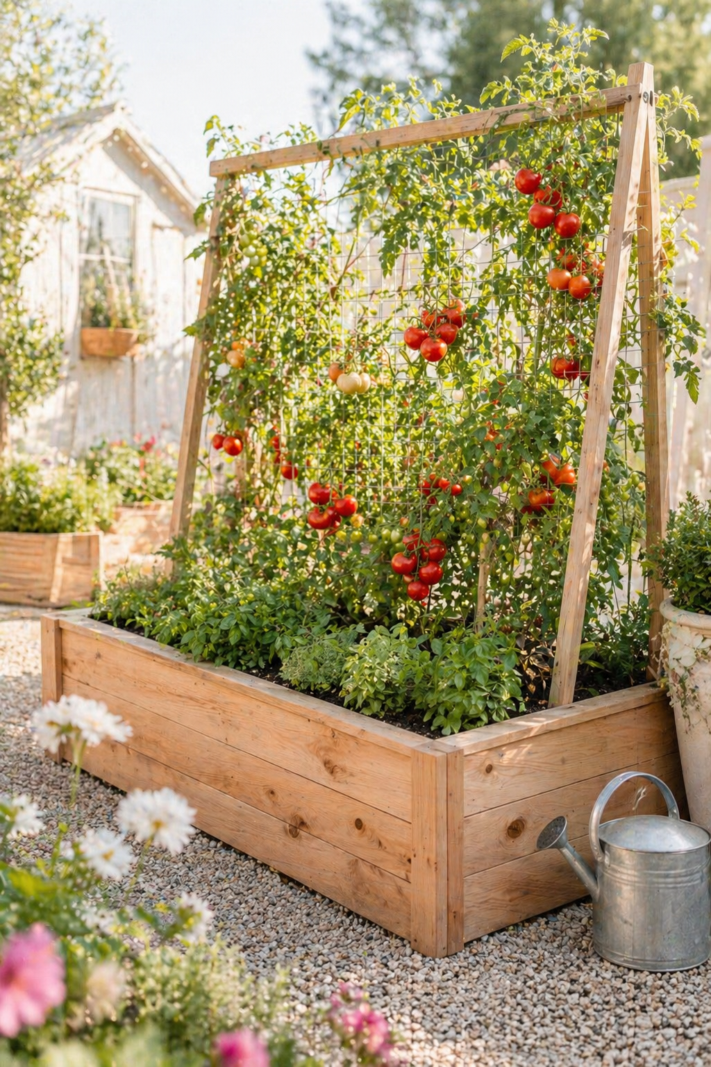 Raised garden bed with tomato trellis, ripe tomatoes, herbs, warm wood planter, gravel path, and watering can in a bright cottage-style backyard garden.