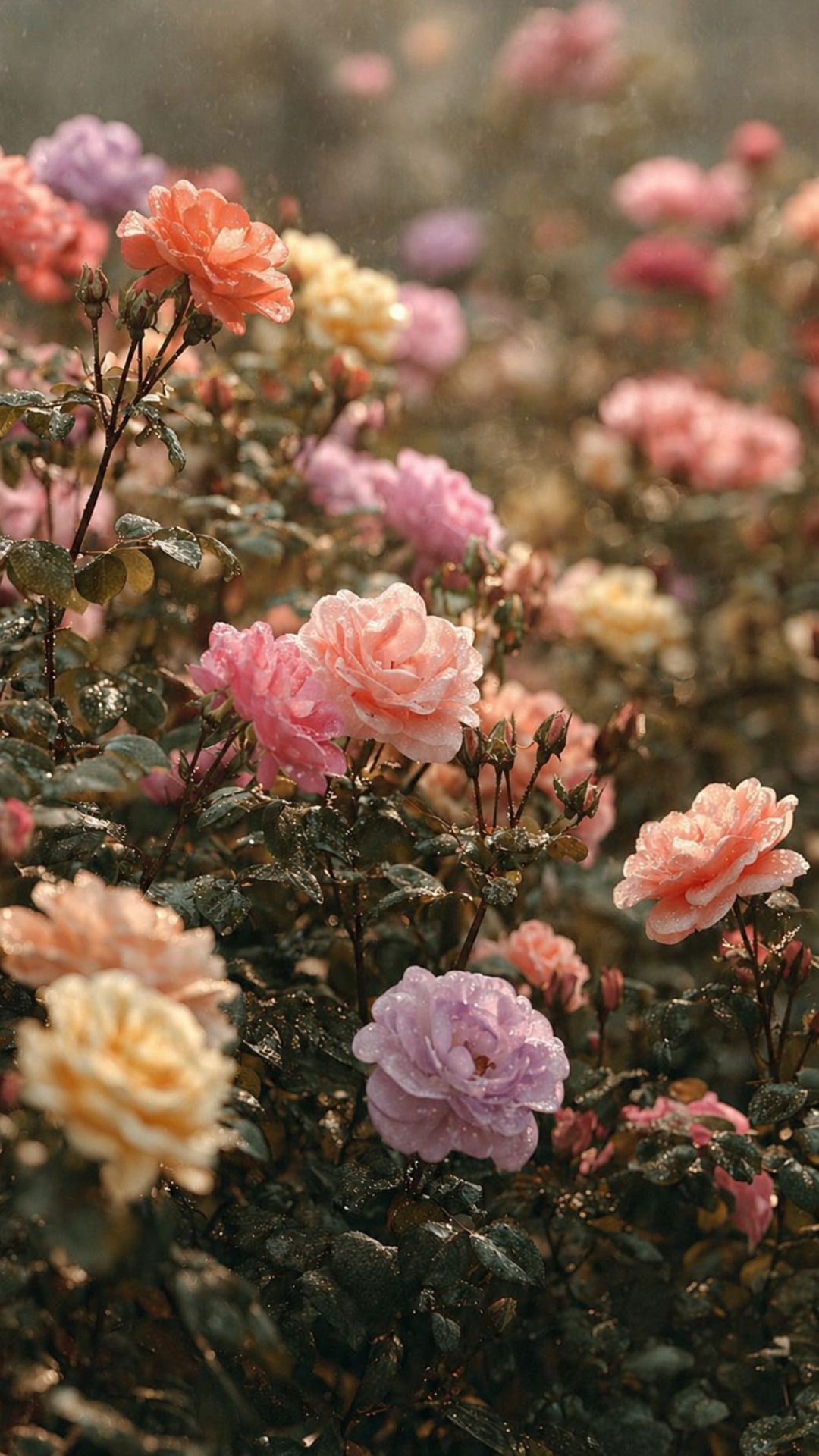 Floral summer iPhone wallpaper with pastel roses, soft garden greenery, dewy petals, and romantic summer flower aesthetic