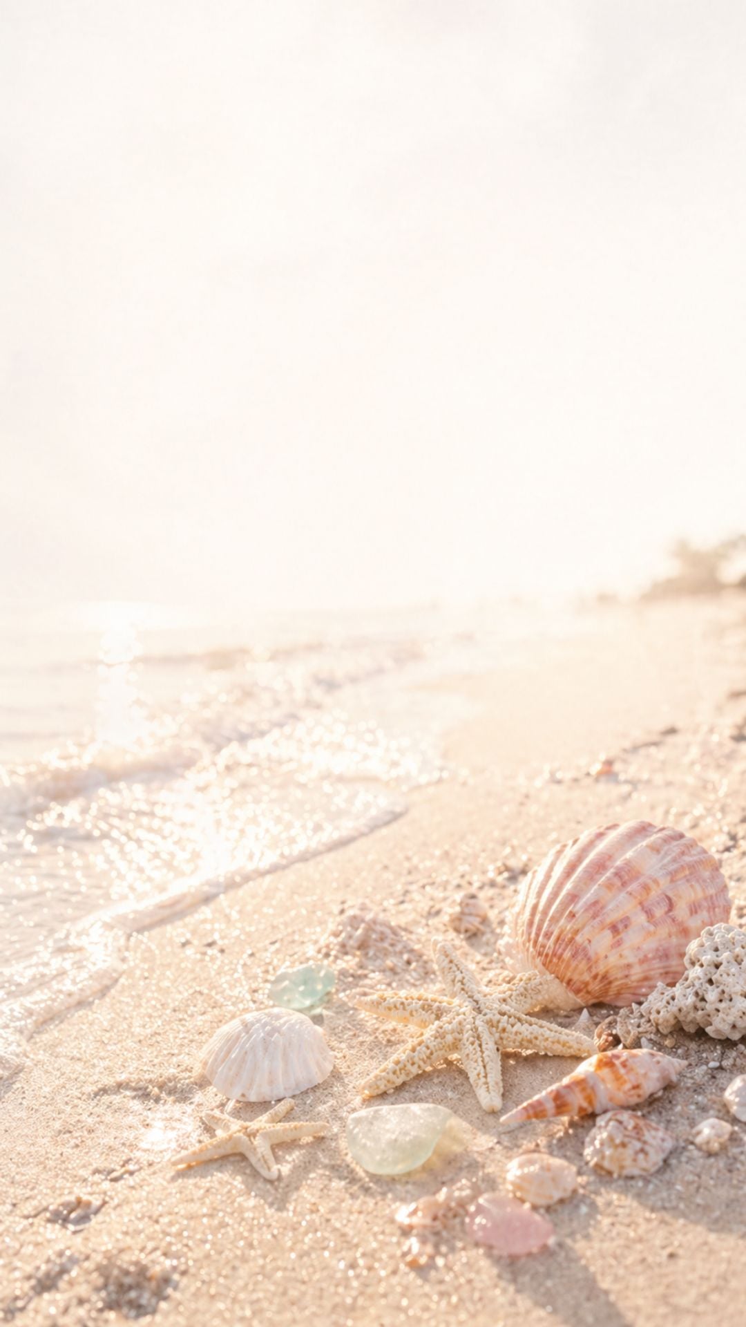 Beach summer iPhone wallpaper with seashells, starfish, sea glass, and sparkling sunlight on sand