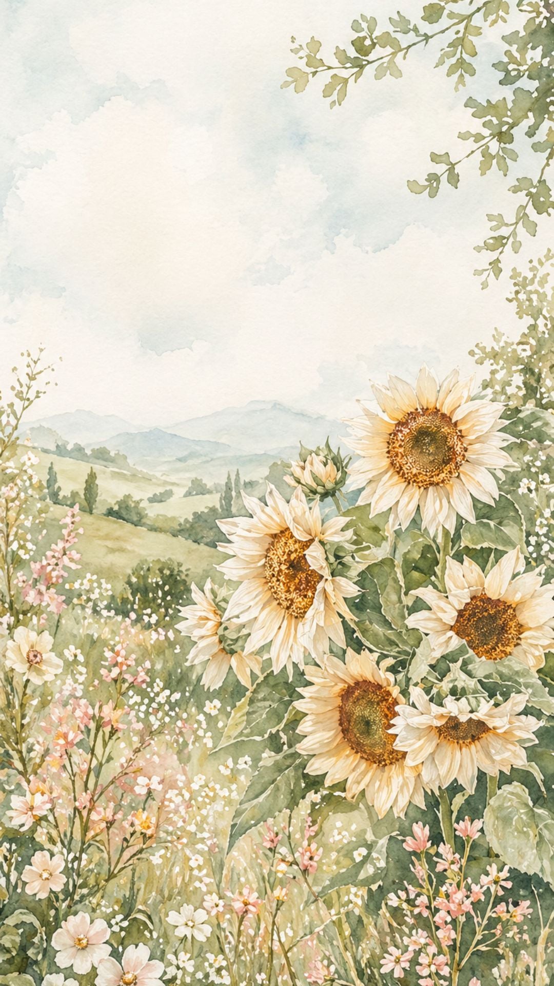 Floral summer iPhone wallpaper with watercolor sunflowers, soft pink wildflowers, green hills, and peaceful garden meadow
