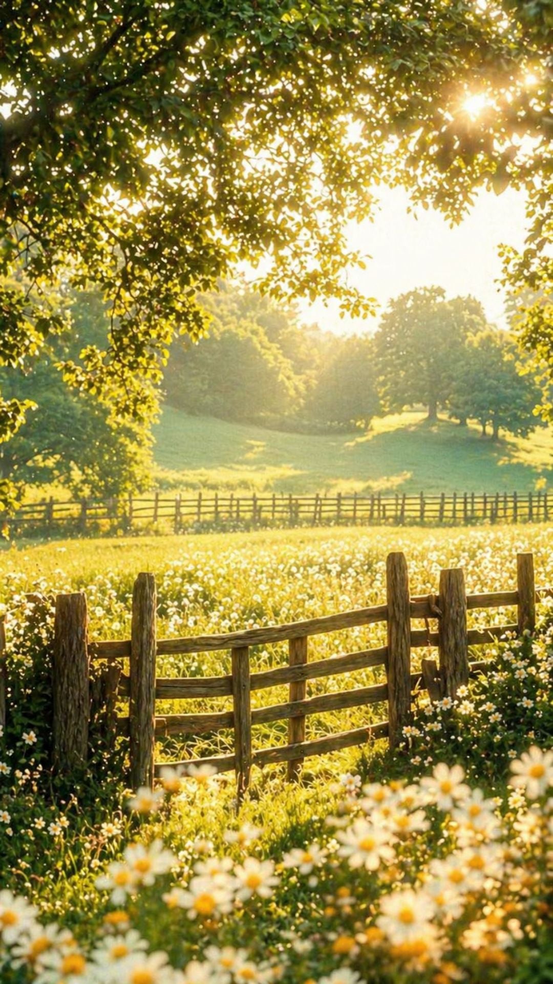 Floral summer iPhone wallpaper with white daisies, rustic wooden fence, glowing sunlight, and cheerful summer field