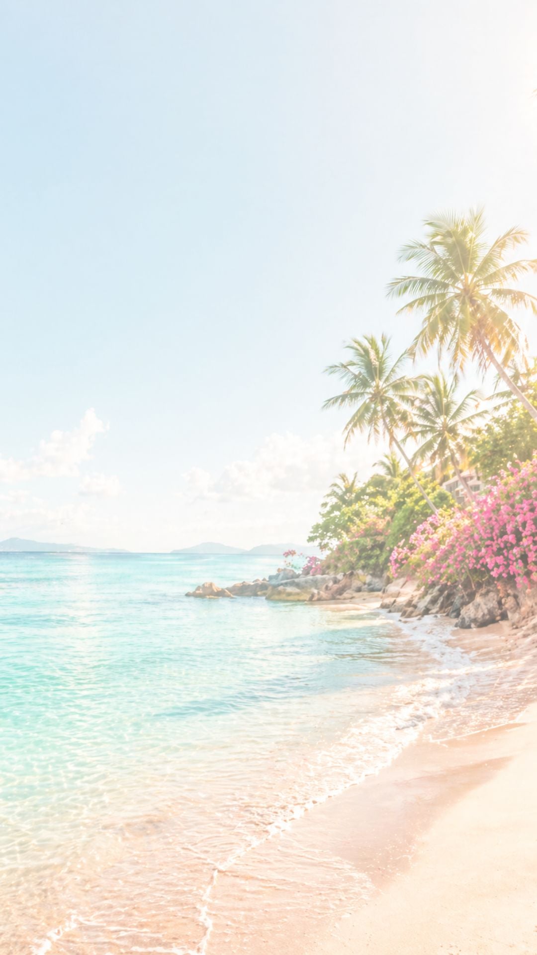 Tropical beach iPhone wallpaper with turquoise ocean water, palm trees, pink flowers, and bright summer sky