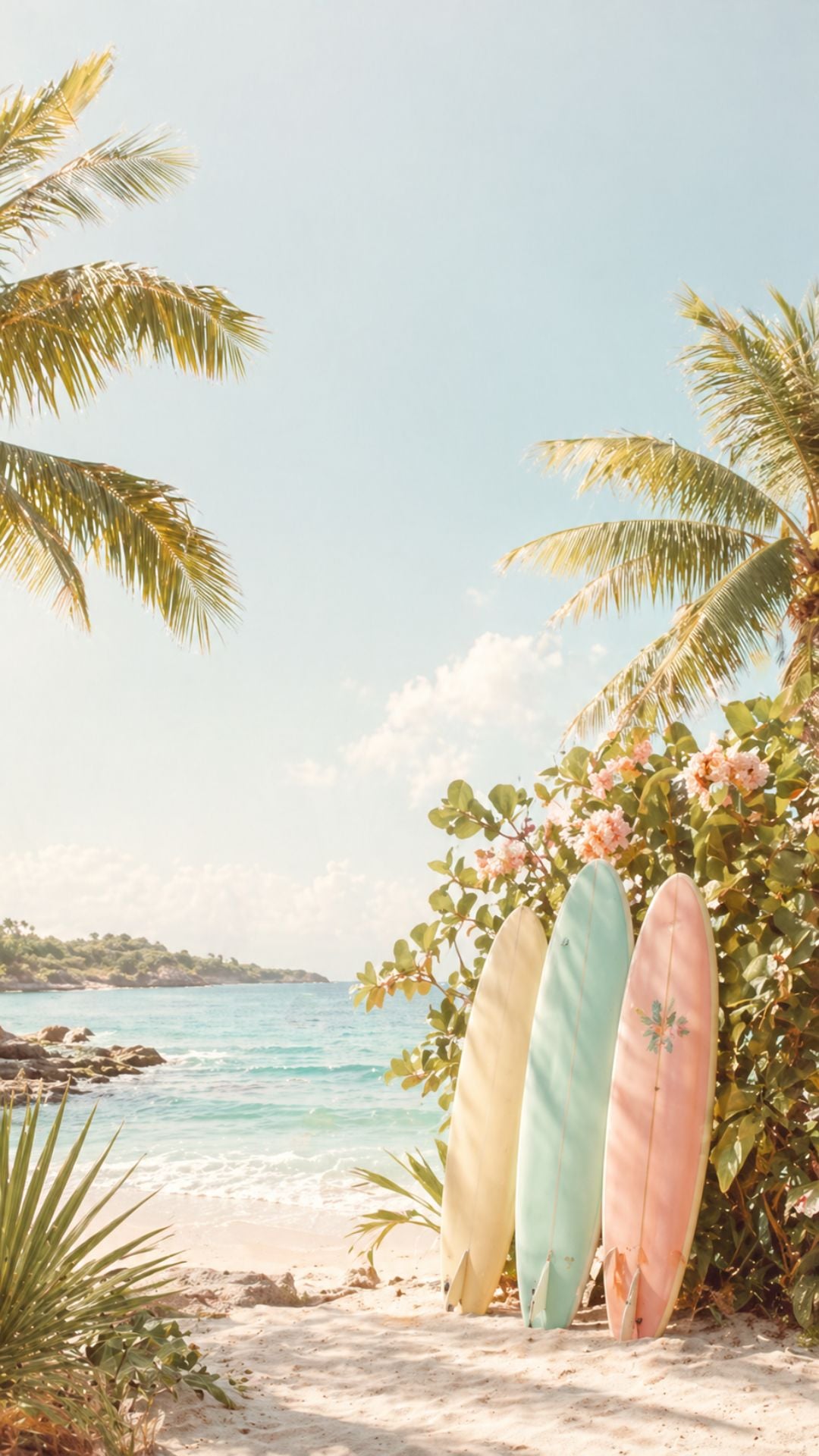 Tropical summer iPhone wallpaper with pastel surfboards, palm trees, turquoise water, and sunny beach view