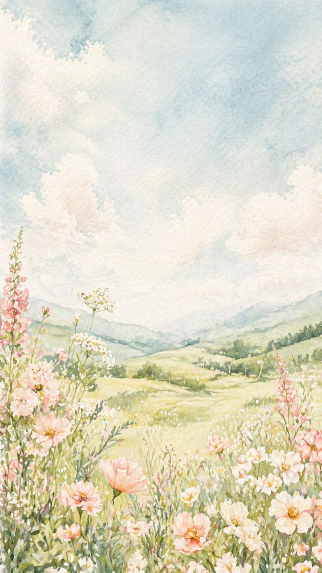Watercolor floral summer iPhone wallpaper with soft pink flowers, rolling green hills, blue sky, and airy meadow design
