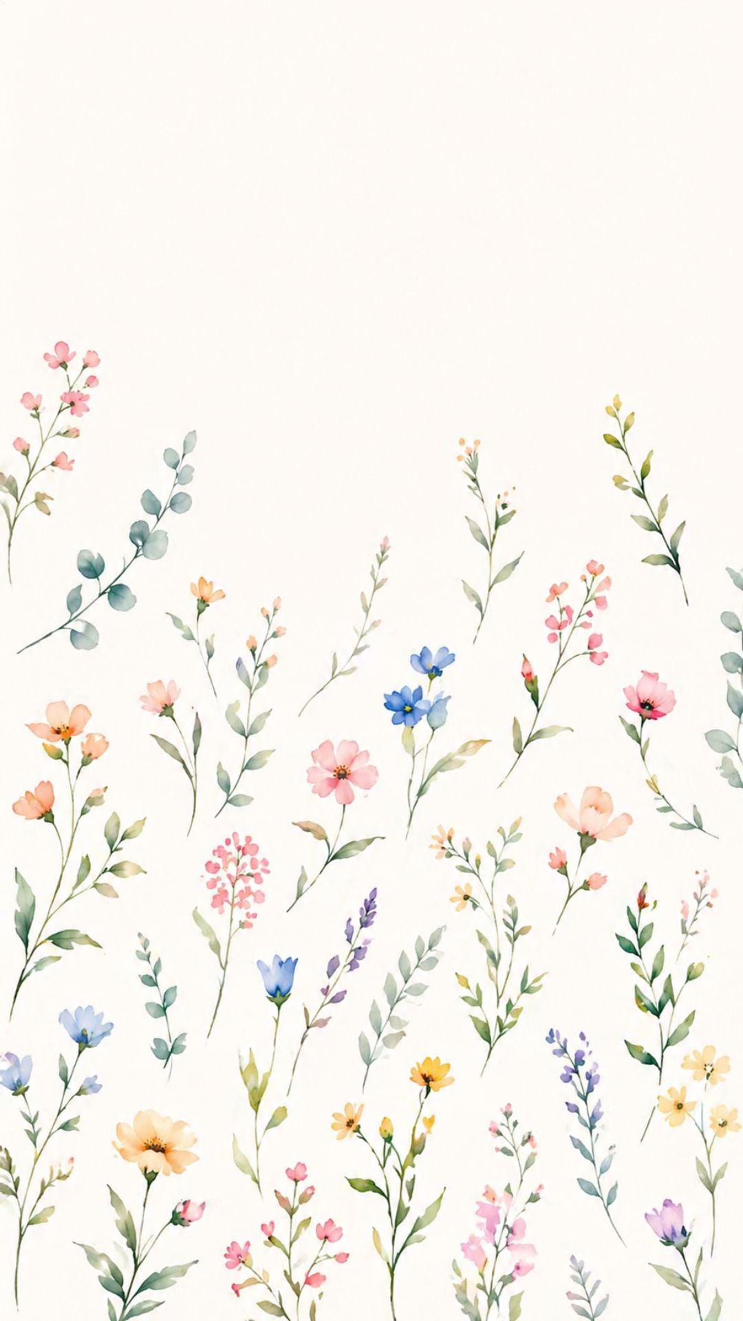 Floral summer iPhone wallpaper with watercolor wildflower stems, colorful blossoms, green leaves, and clean white background