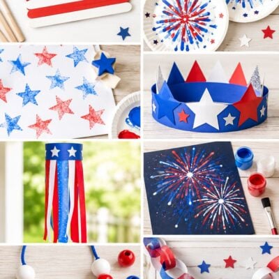4th of July crafts for preschoolers collage with popsicle stick flags, paper plate fireworks, star stamping, patriotic paper crowns, windsocks, firework painting, beaded necklaces, and paper chain garlands