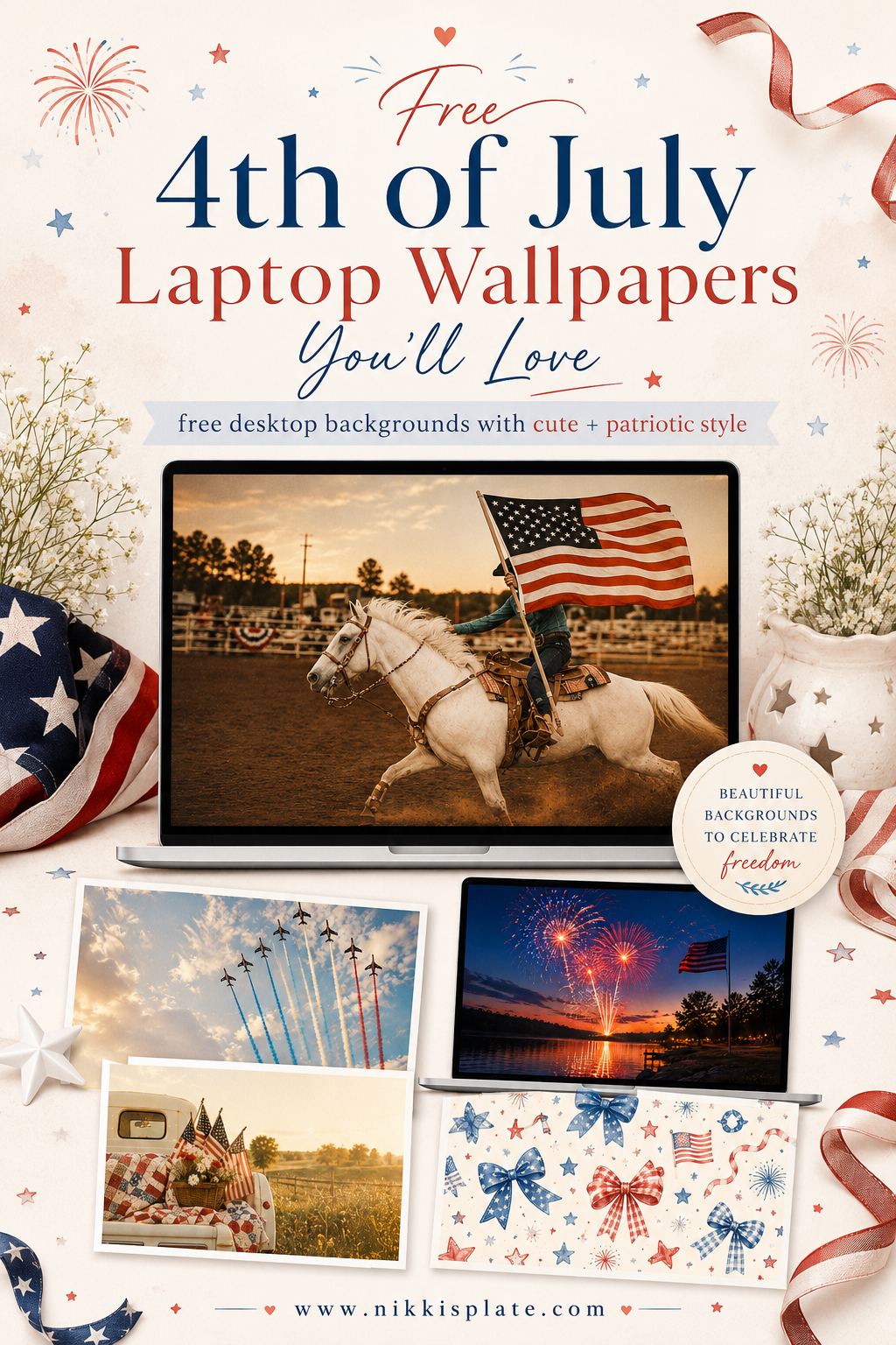 Grab these free 4th of July laptop wallpapers for a festive screen refresh. You'll find cute patriotic wallpaper designs, vintage Americana backgrounds, fireworks, flags, and red white and blue desktop ideas. - 4th of July laptop wallpapers with vintage patriotic designs, American flag backgrounds, fireworks, and cute red white and blue patterns.