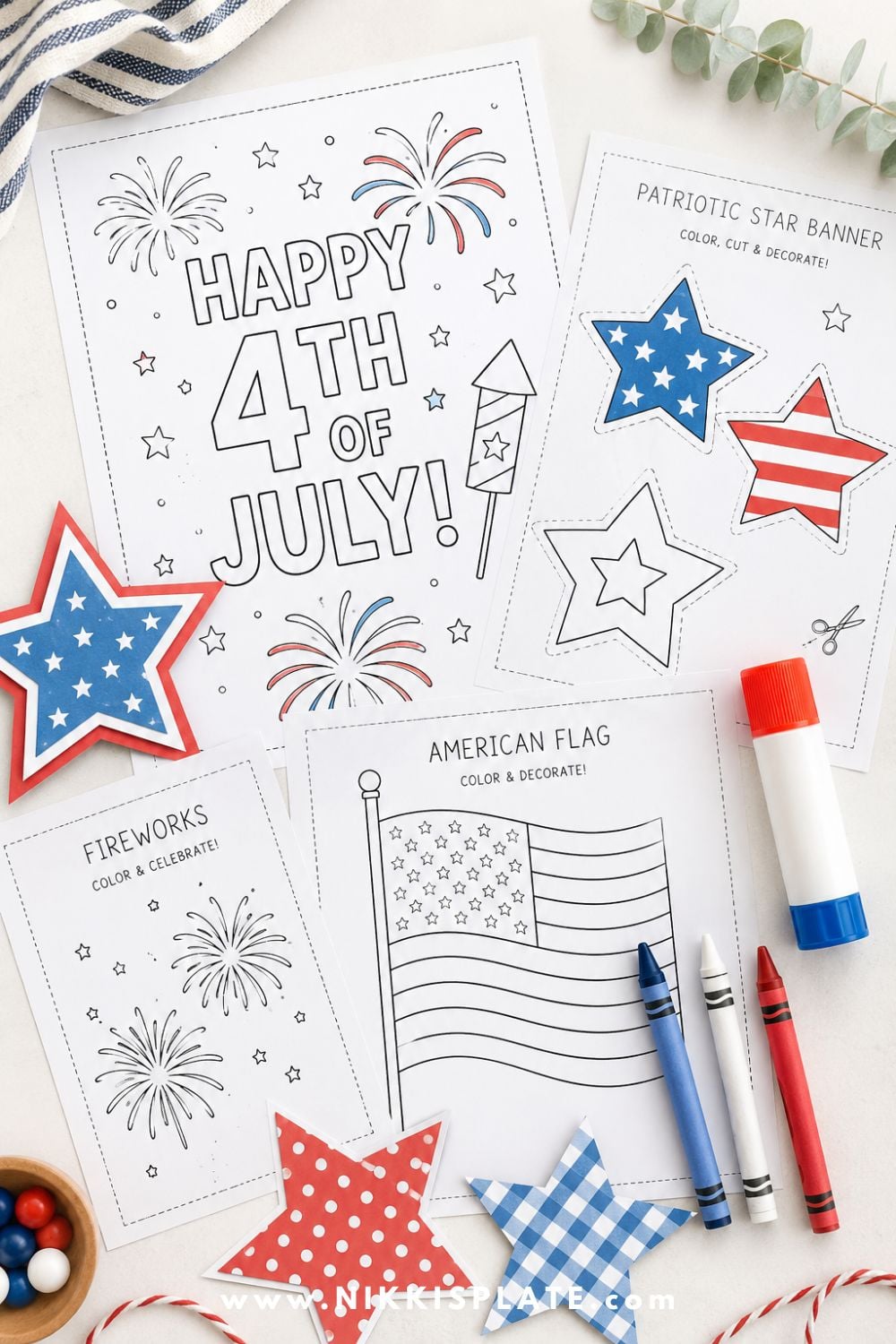 4th of July printable coloring pages and craft templates with fireworks, American flag, star banner pages, crayons, glue stick, and patriotic paper stars