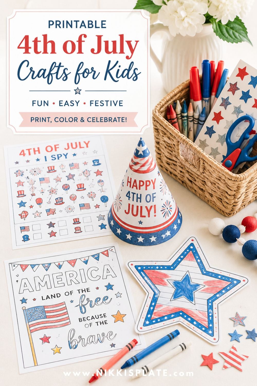 4th of July printable craft station for kids with coloring pages, party hat craft, crayons, markers, star stickers, scissors, and craft supplies in a basket