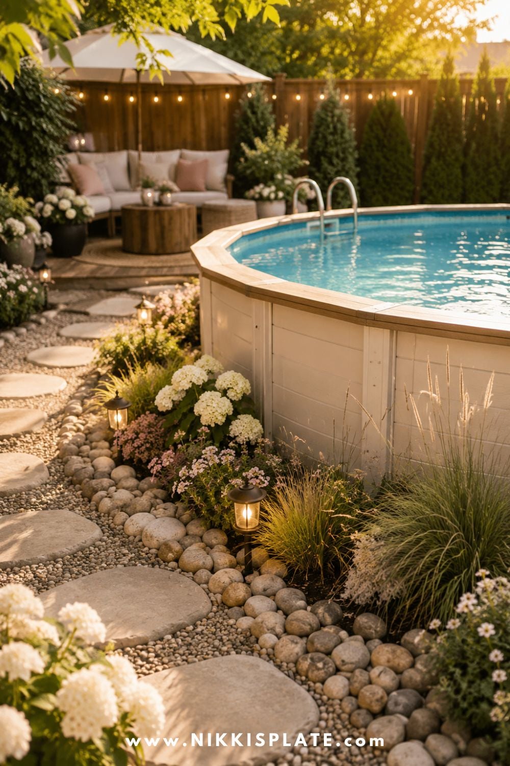 Above ground pool with river rock edging, low-maintenance plants, stepping stones, warm garden lights, and cozy backyard seating at golden hour.
