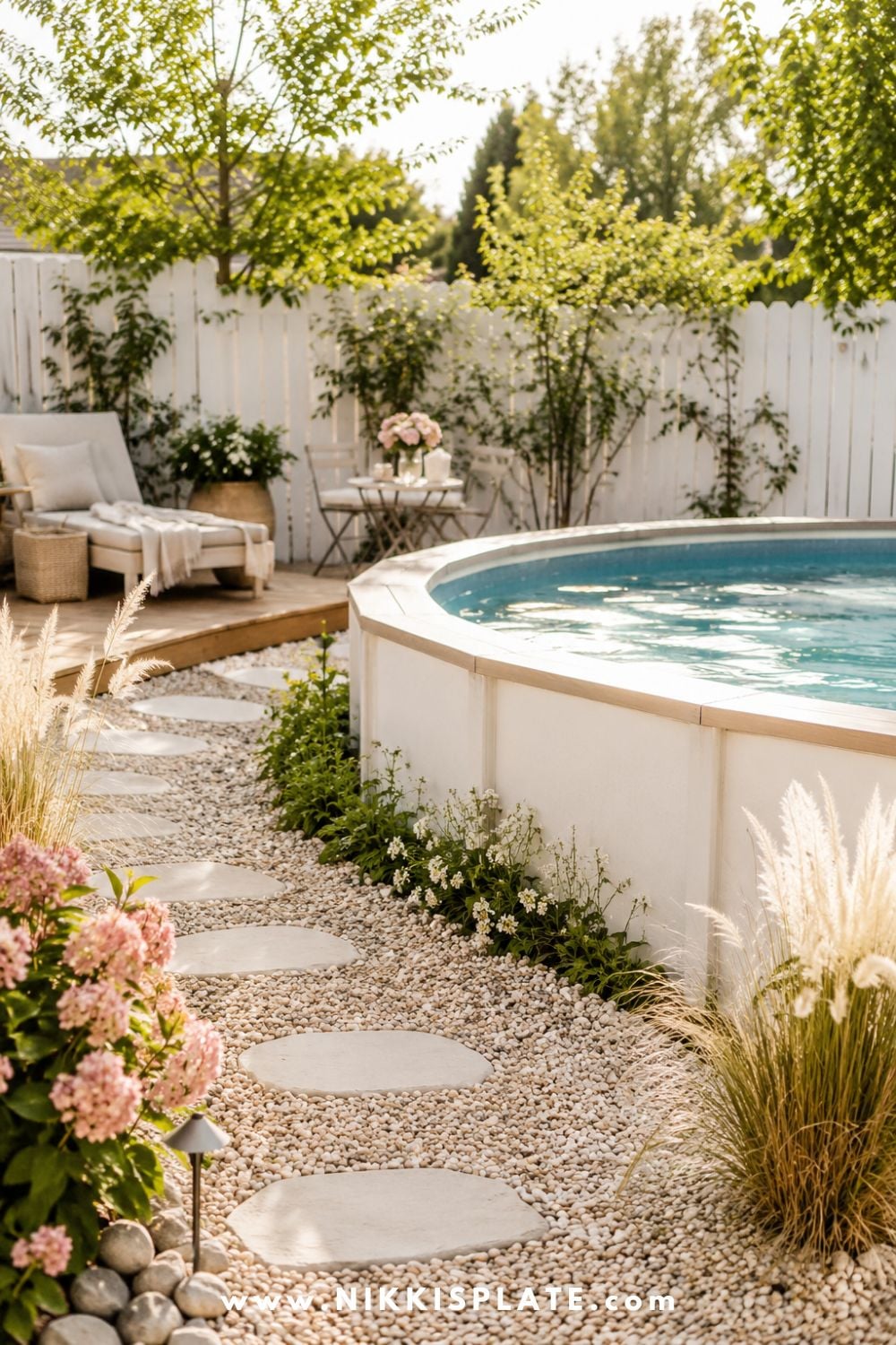 A bright backyard pool area featuring landscaping around an above ground pool with gravel, a polished pea gravel surround, stepping stones, soft flowering plants, and a cozy neutral seating nook.