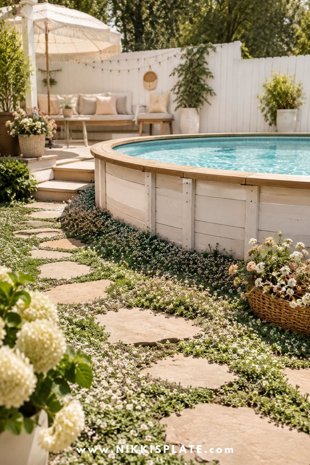 Above ground pool with soft ground cover plants, stepping stones, light wood edging, white flowers, and cozy backyard seating.