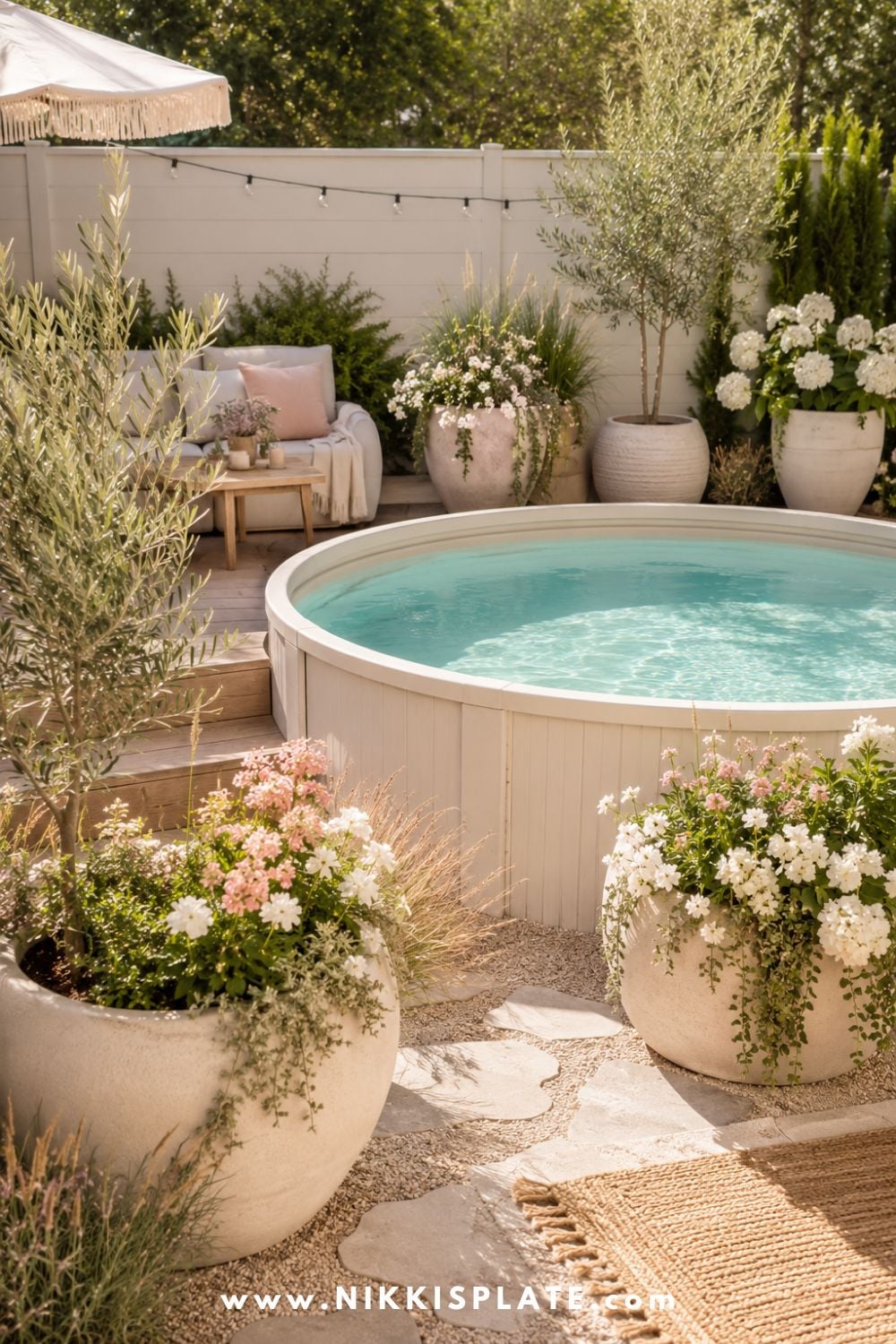 Above ground pool with large cream planters, soft flowers, greenery, warm wood accents, and a cozy backyard seating area.