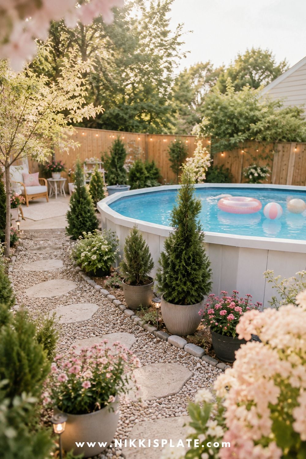 Above ground pool surrounded by mini evergreen trees, potted flowers, stepping stones, gravel border, and soft backyard lighting.
