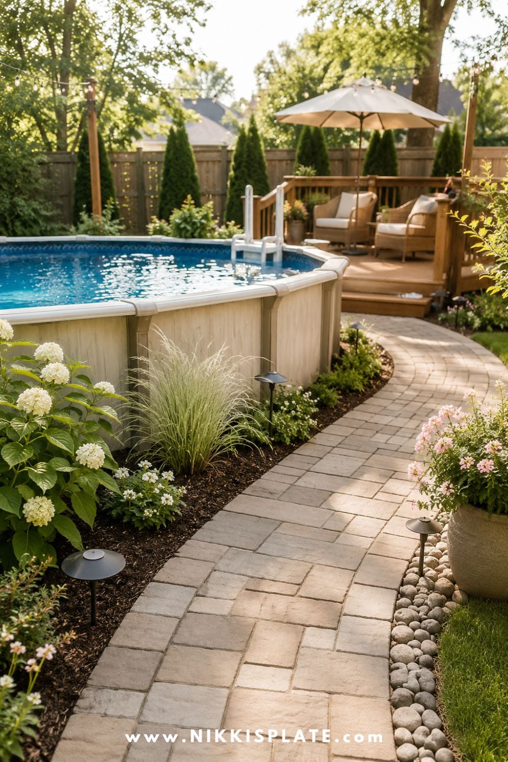 Above ground pool with a curved paver walkway, soft garden border, hydrangeas, ornamental grasses, and cozy deck seating.