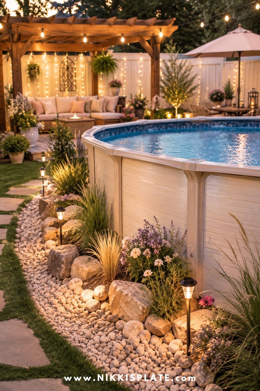 Above ground pool with a layered rock border, low-maintenance plants, soft pathway lights, and a cozy finished backyard seating area.