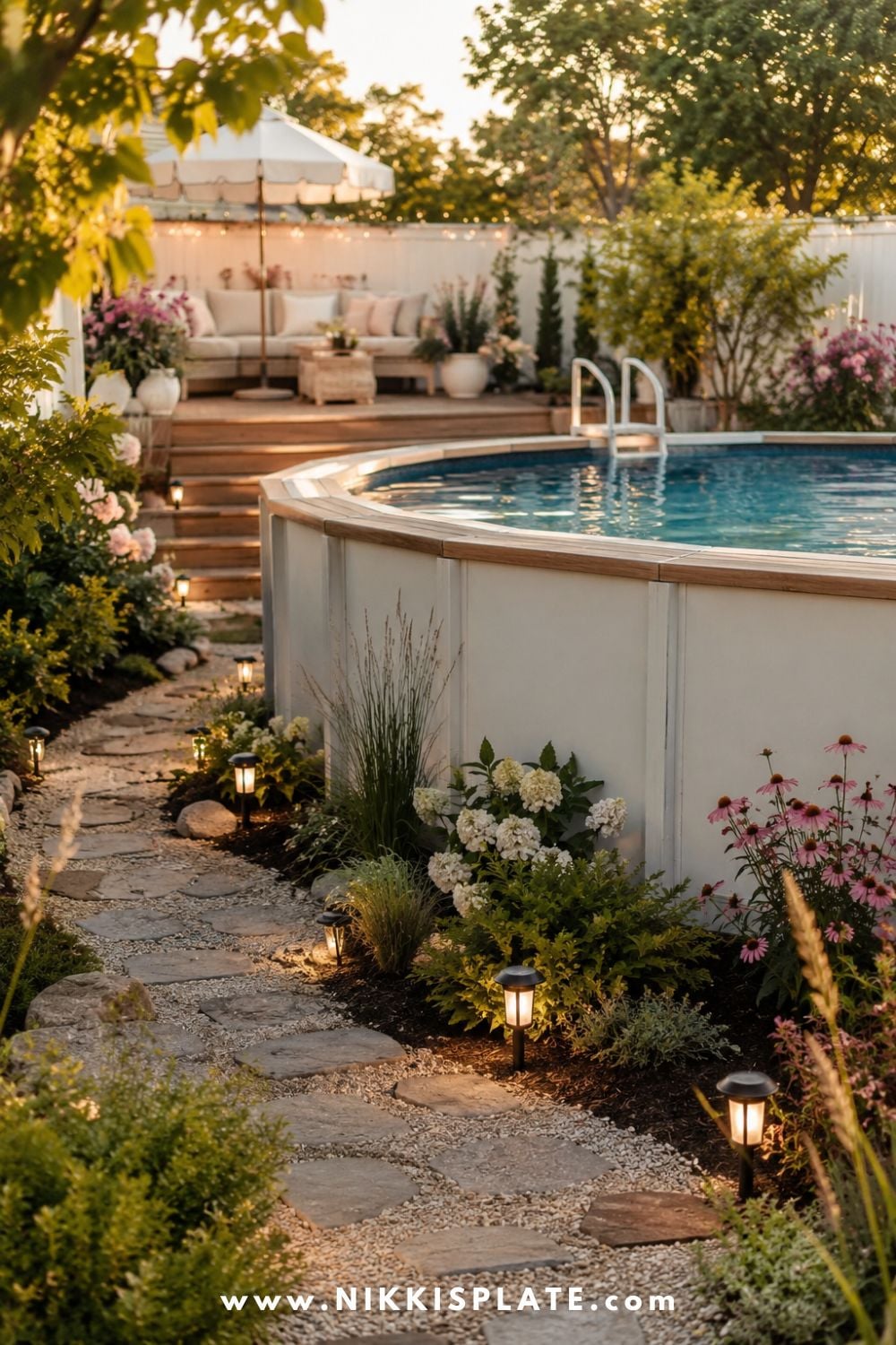 Tall above ground pool with glowing solar lights, stone path, garden border, soft flowers, and cozy backyard seating.