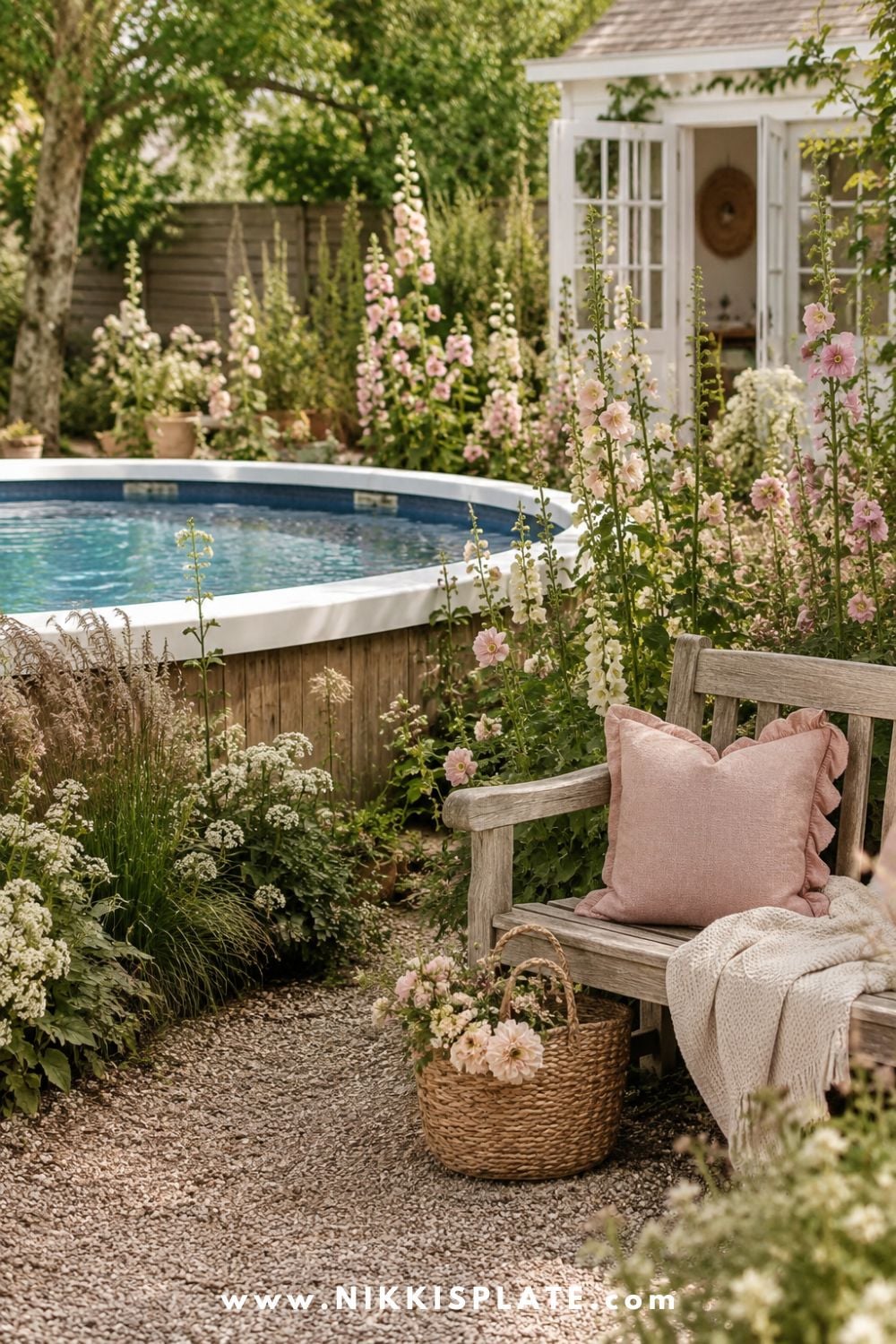 Above ground pool surrounded by tall pink and white flowers, a cozy garden bench, soft gravel path, and cottage-style backyard landscaping.