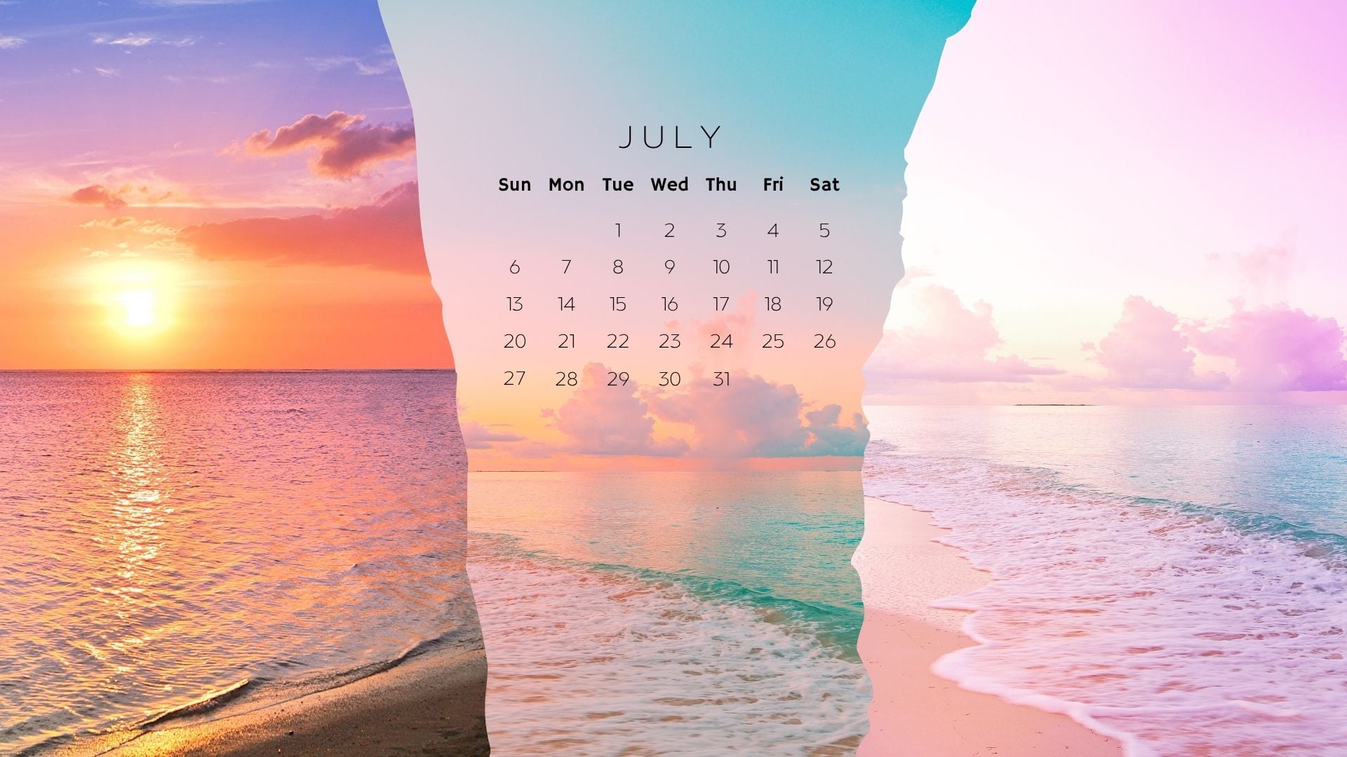 July 2026 Desktop Calendar Backgrounds with a colorful beach collage, sunset ocean photos, and a bright summer calendar wallpaper design.