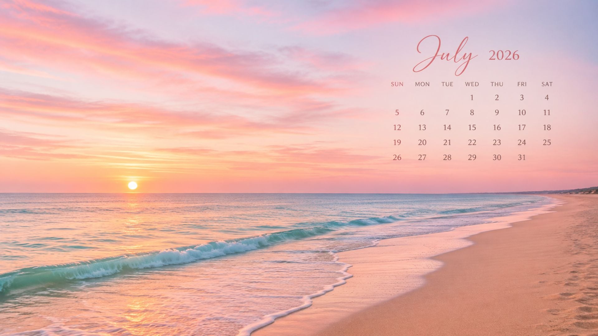 July 2026 Desktop Calendar Backgrounds with a soft beach sunset, pastel pink sky, ocean waves, and a clean summer calendar layout.