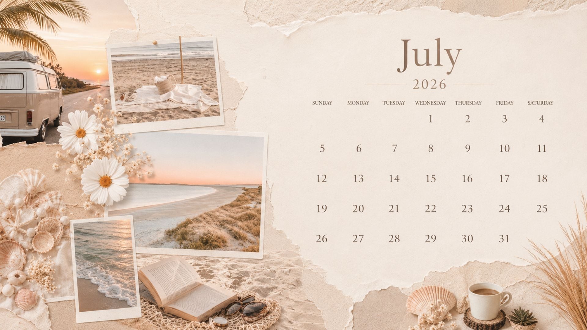 July 2026 desktop calendar background with a neutral coastal collage, beach photos, seashells, and an elegant monthly calendar layout.