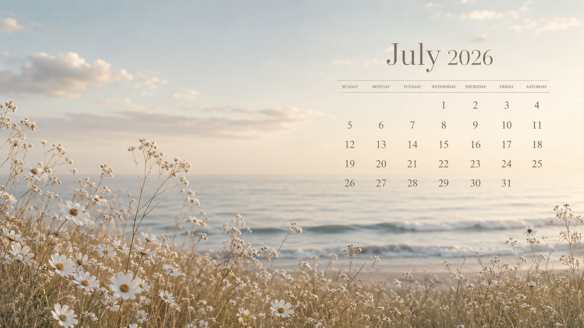 July 2026 Desktop Calendar Backgrounds with coastal wildflowers, soft ocean views, neutral tones, and an elegant monthly calendar design.