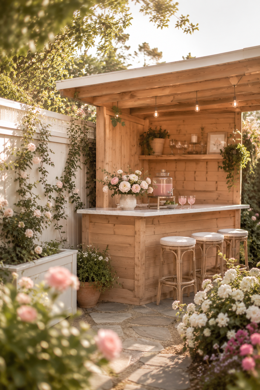 Corner backyard bar with warm wood, cushioned rattan stools, soft pink flowers, string lights, and cozy garden patio decor for outdoor entertaining