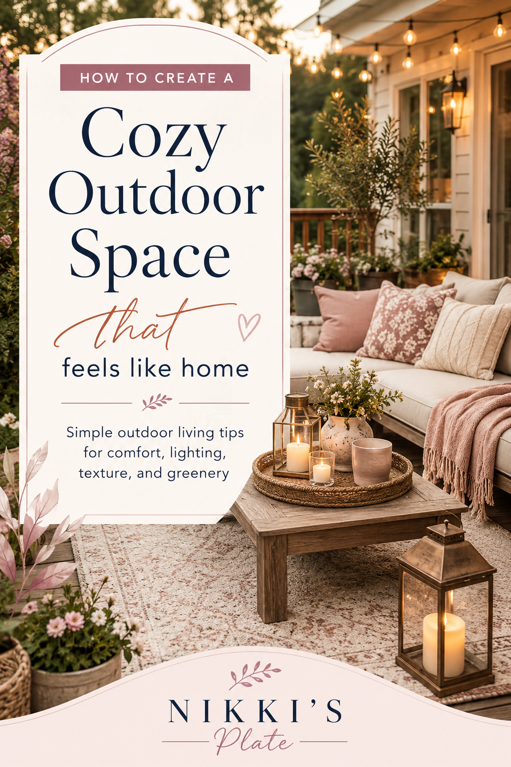 Cozy outdoor space with comfortable seating, string lights, lanterns, greenery, pillows, and soft textures that feel like an extension of the home.