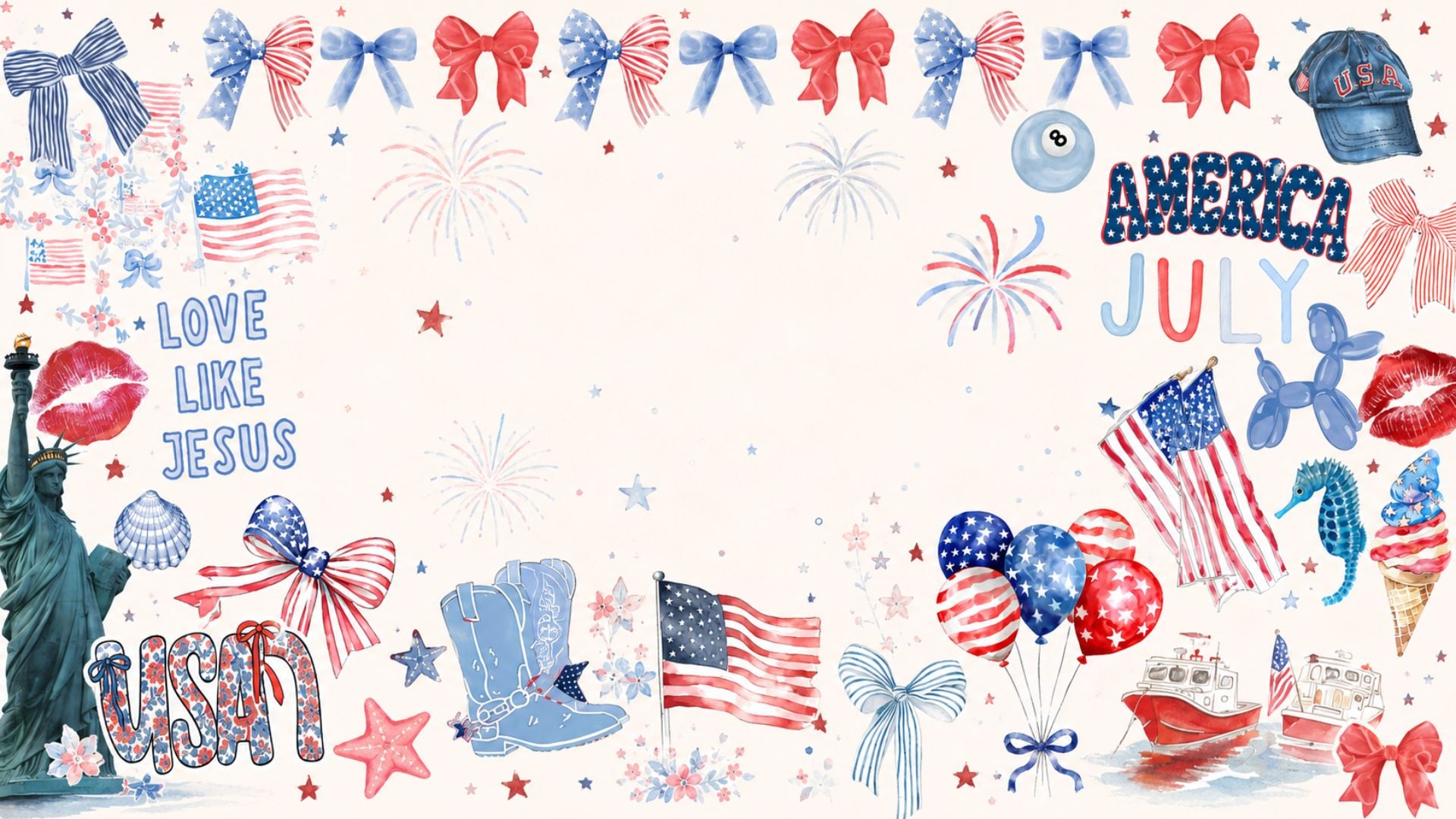 Cute 4th of July desktop wallpaper collage with patriotic bows, fireworks, balloons, American flags, and red white and blue summer graphics.