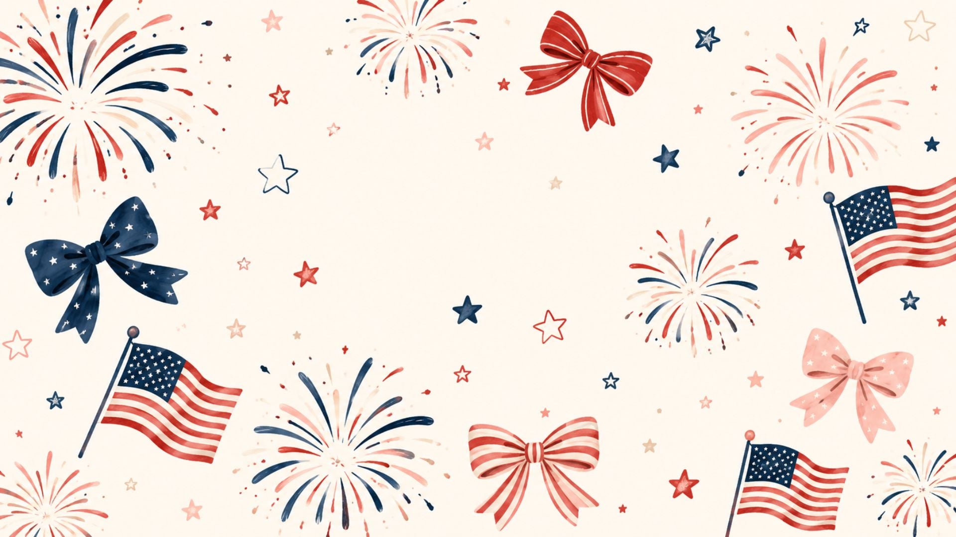 Cute 4th of July desktop wallpaper with American flags, fireworks, bows, stars, and a playful red white and blue patriotic pattern.