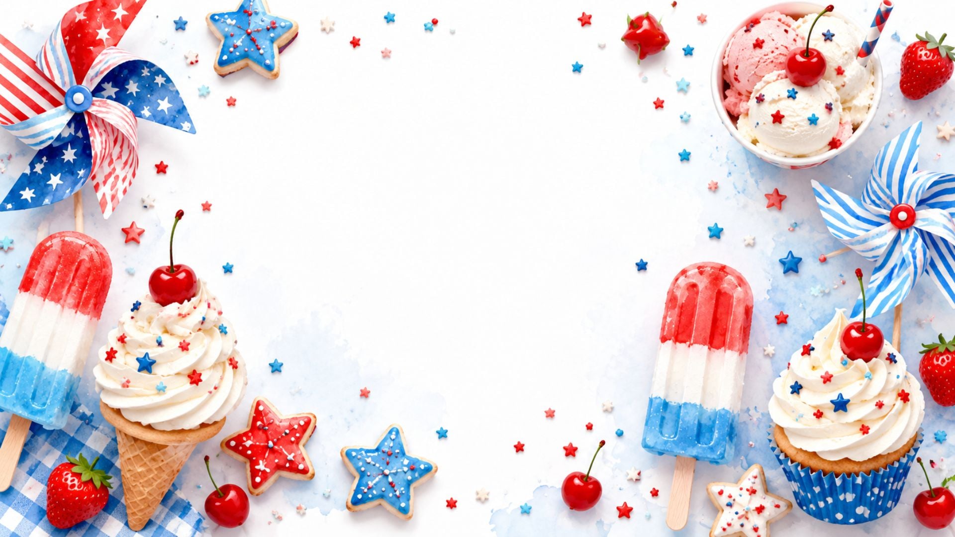 Cute 4th of July desktop wallpaper with patriotic cupcakes, popsicles, pinwheels, ice cream, cherries, and red white and blue summer treats.