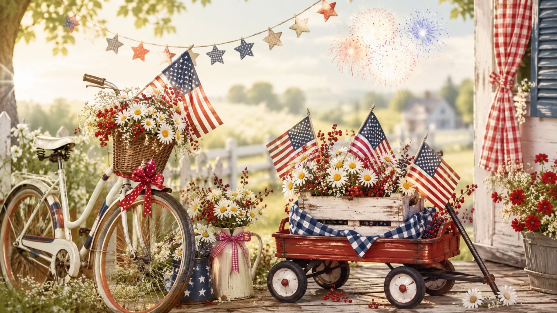 Cute Fourth of July desktop wallpaper with a vintage bicycle, red wagon, daisies, patriotic bunting, and American flags in a charming farmhouse setting.