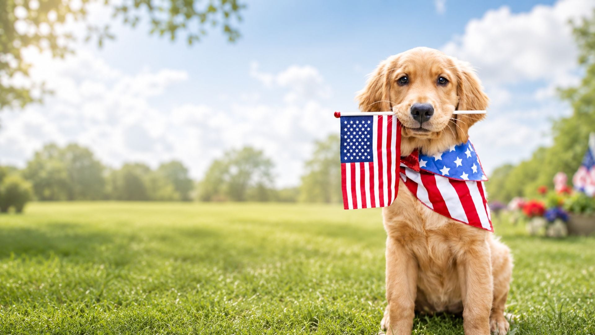 Cute 4th of July desktop wallpaper featuring a golden puppy wearing an American flag bandana and holding a small USA flag in a sunny park.