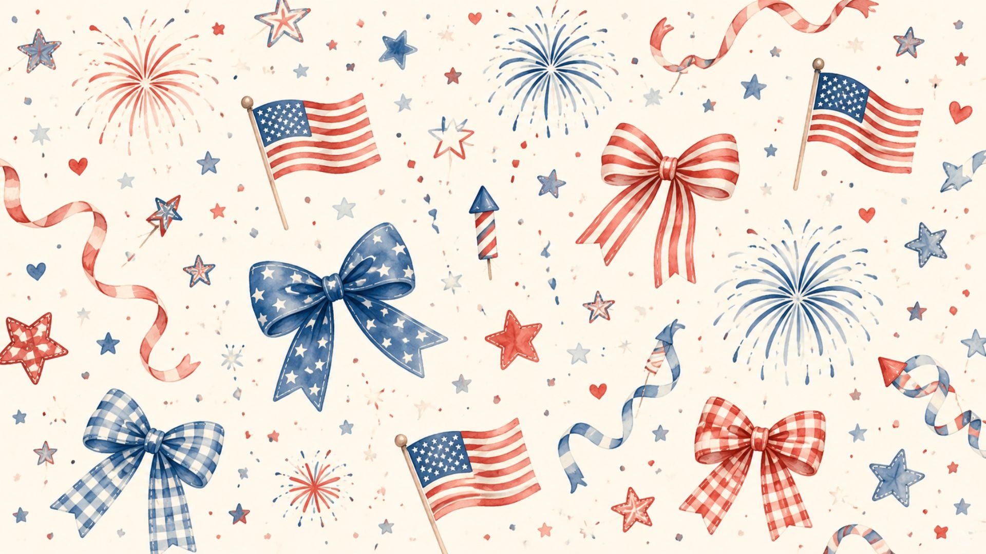 Cute 4th of July desktop wallpaper pattern with watercolor bows, fireworks, stars, streamers, and American flags in soft red white and blue tones.