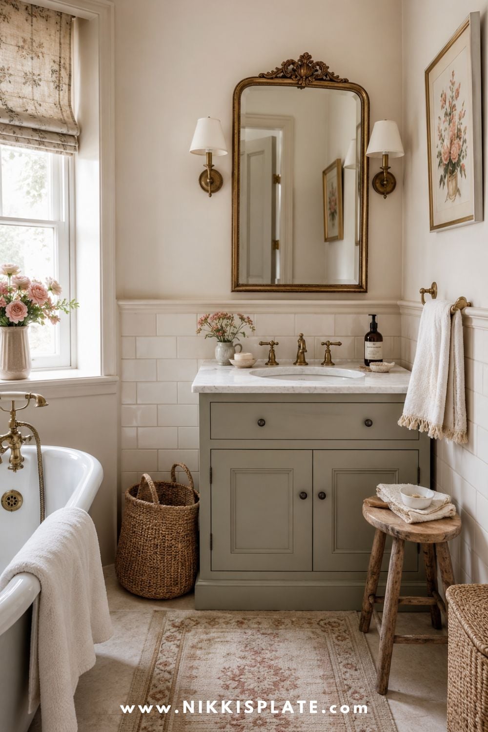 Timeless English cottage bathroom with a vintage-inspired mirror, classic brass fixtures, cream tile, a small wood stool, woven baskets, soft towels, floral artwork, and gentle natural light.