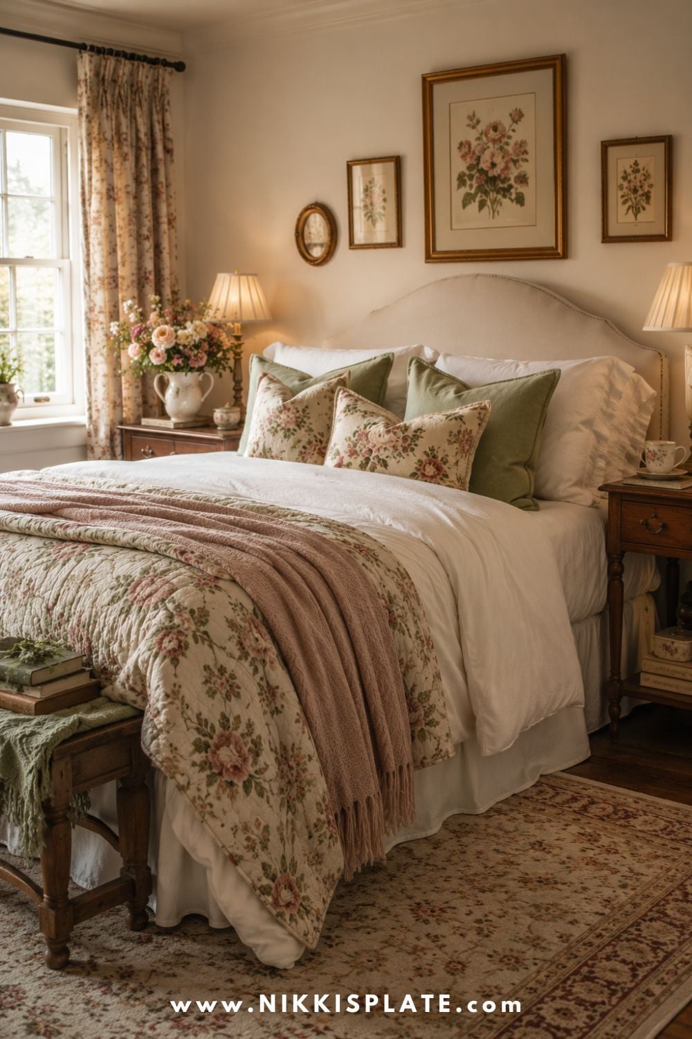 Soft English cottage bedroom with white linen bedding, a folded floral quilt, patterned pillows, antique wood nightstands, vintage lamps with fabric shades, botanical artwork, linen curtains, a soft rug, and fresh flowers.