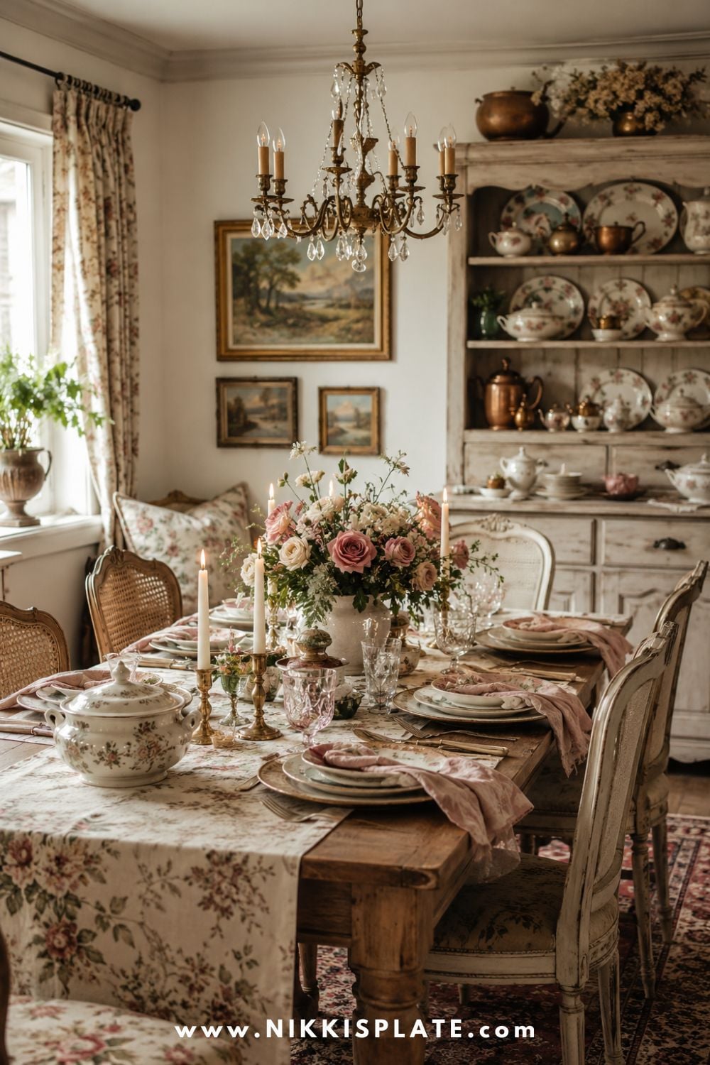 Cozy English cottage dining room with a rustic wood dining table, antique-inspired dining chairs, soft floral table linens, taper candles, ceramic plates, a traditional chandelier, framed landscape artwork, and a vintage hutch filled with pretty vintage dishes.