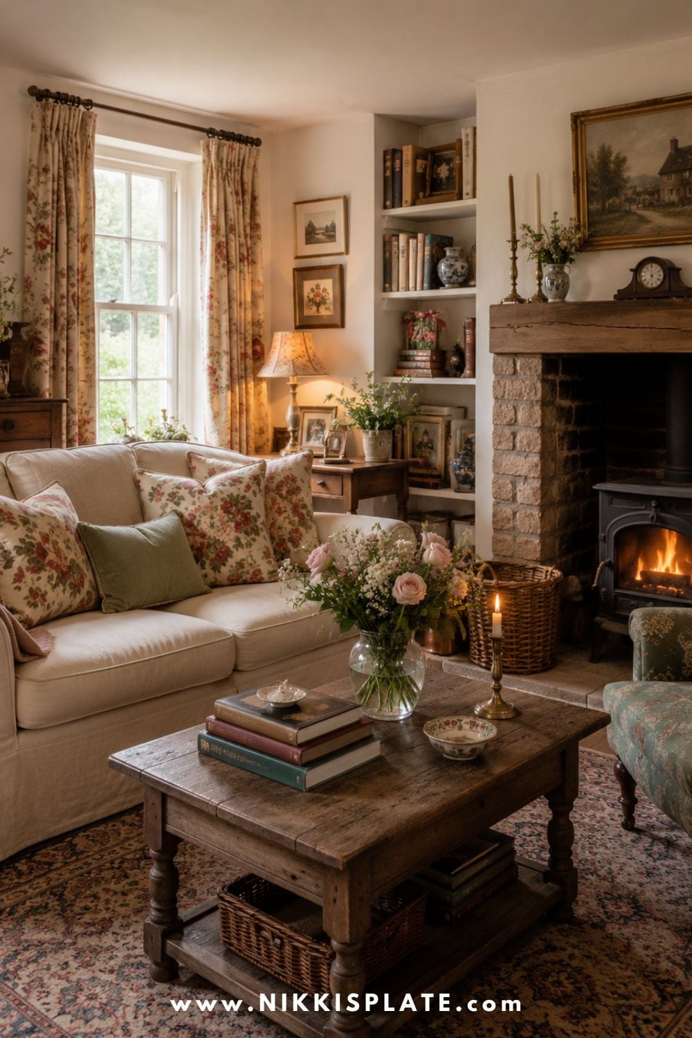 English cottage style living room with floral pillows, warm wood accents, cozy vintage decor, a rustic coffee table, patterned rug, and a fireplace for a warm and inviting feel.