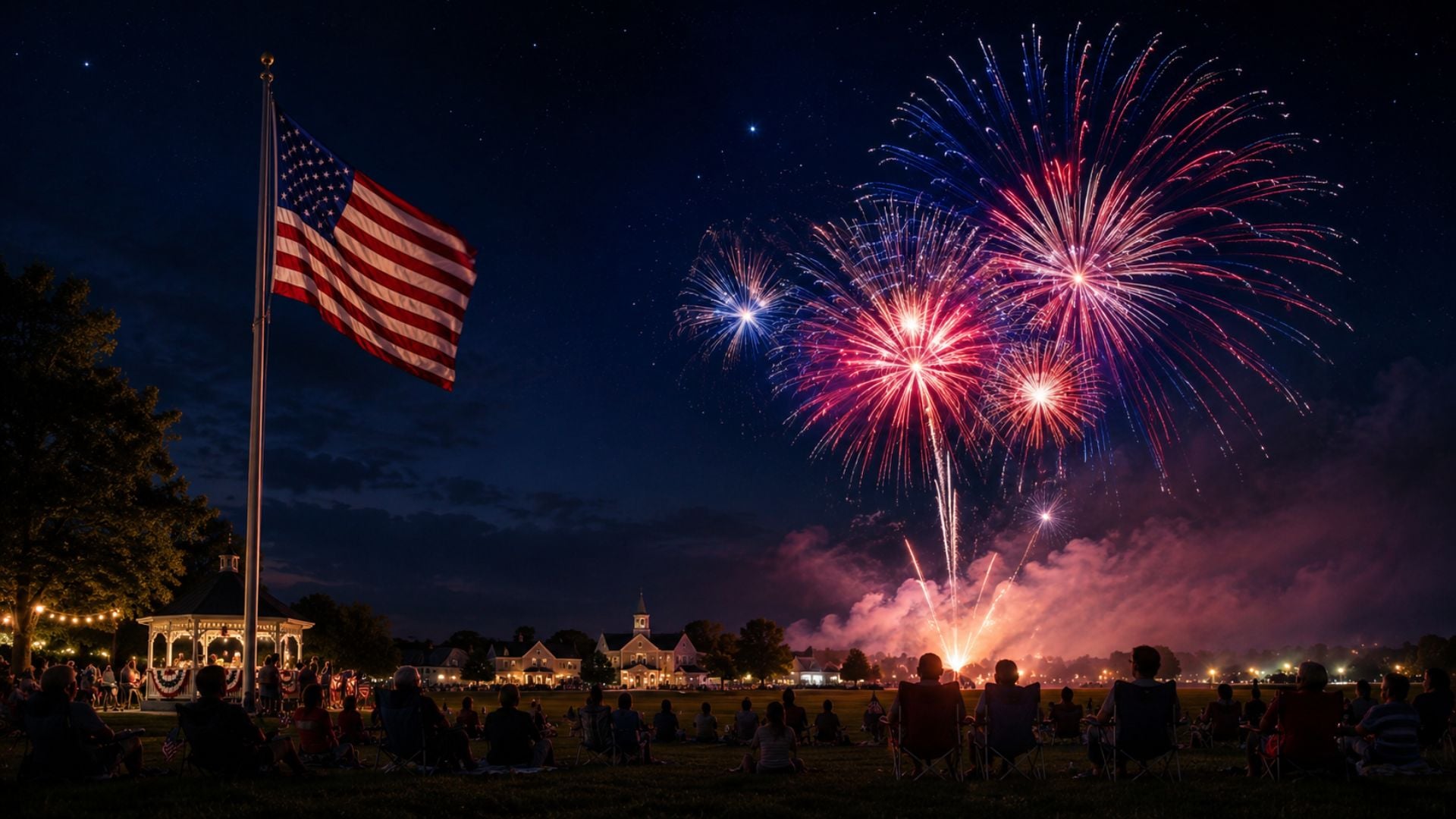 Patriotic 4th of July desktop background with red and blue fireworks, an American flag, and a festive nighttime Independence Day celebration.