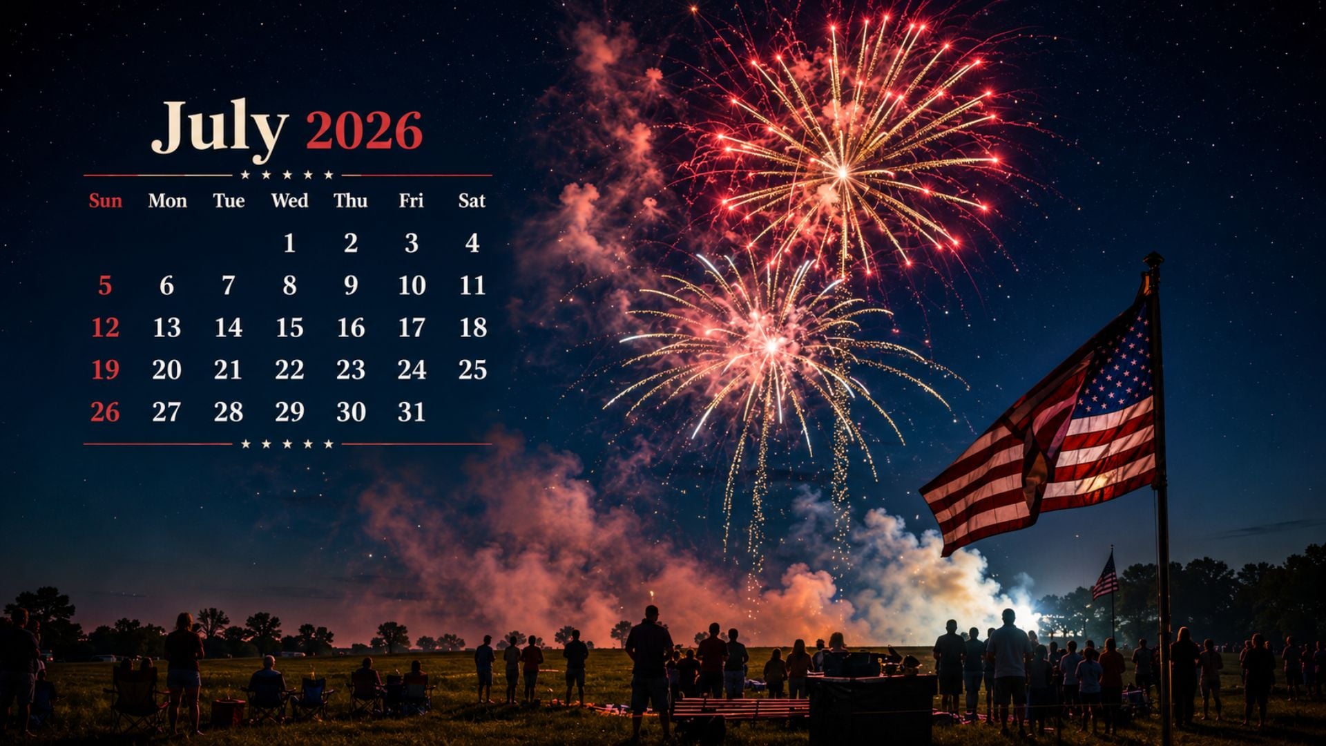July 2026 desktop calendar background with nighttime fireworks, an American flag, a patriotic crowd scene, and a bold July calendar layout.