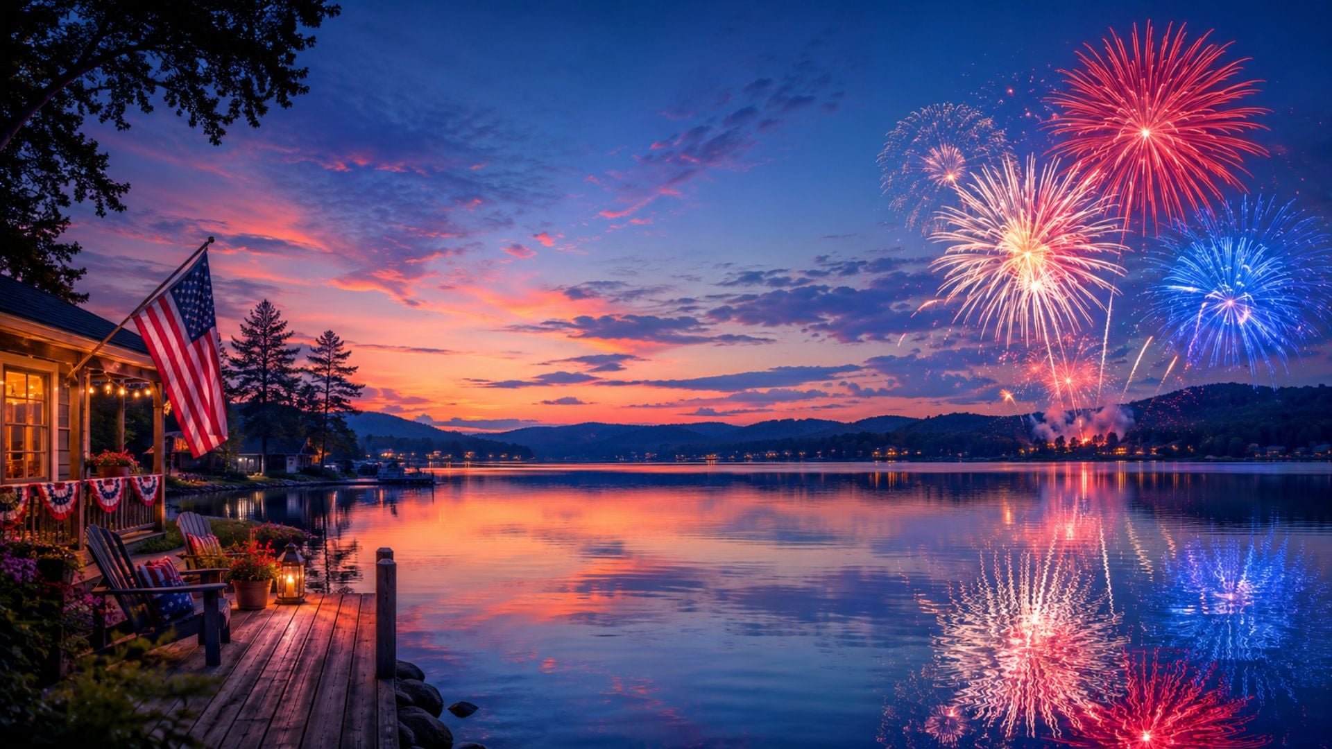 4th of July desktop wallpaper with red and blue fireworks over a peaceful lake, American flag decor, and a festive summer evening scene.