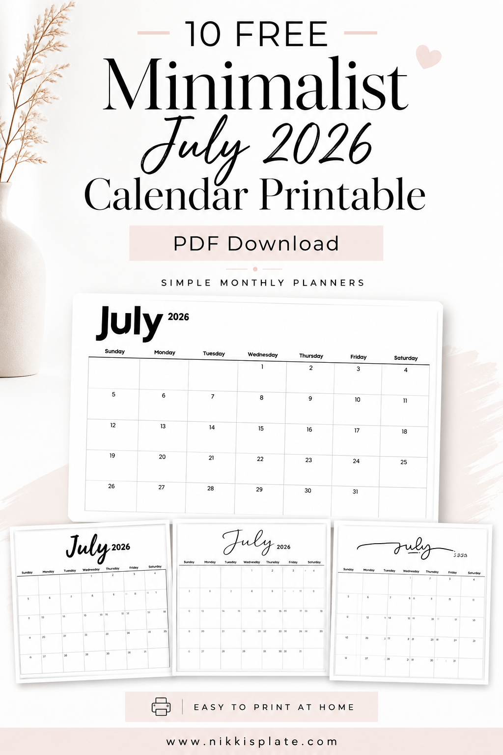 Looking for a simple July 2026 calendar printable? Grab 10 free minimalist calendar designs with clean black-and-white layouts that are easy to print at home. Perfect for monthly planning, summer schedules, work tasks, and everyday organization.