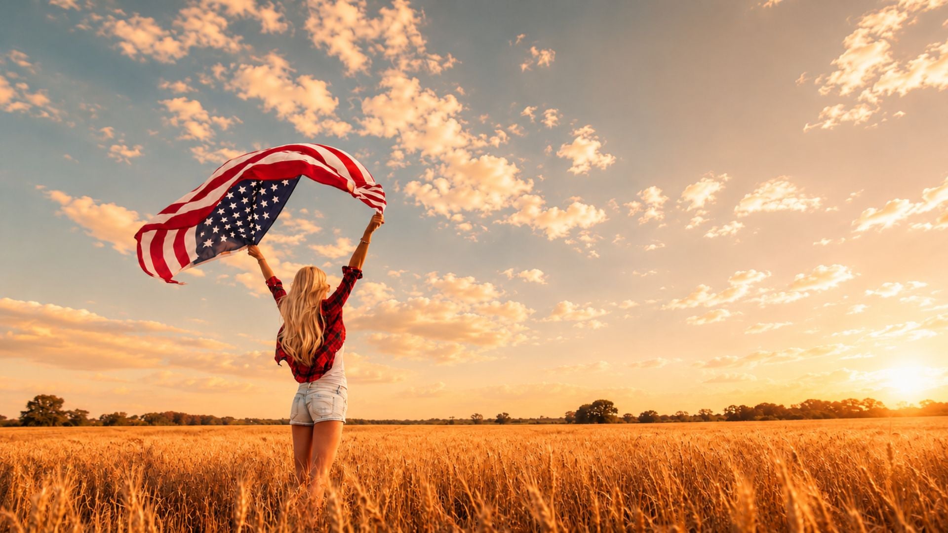 Patriotic 4th of July desktop background with a woman holding an American flag in a golden wheat field under a warm summer sky.