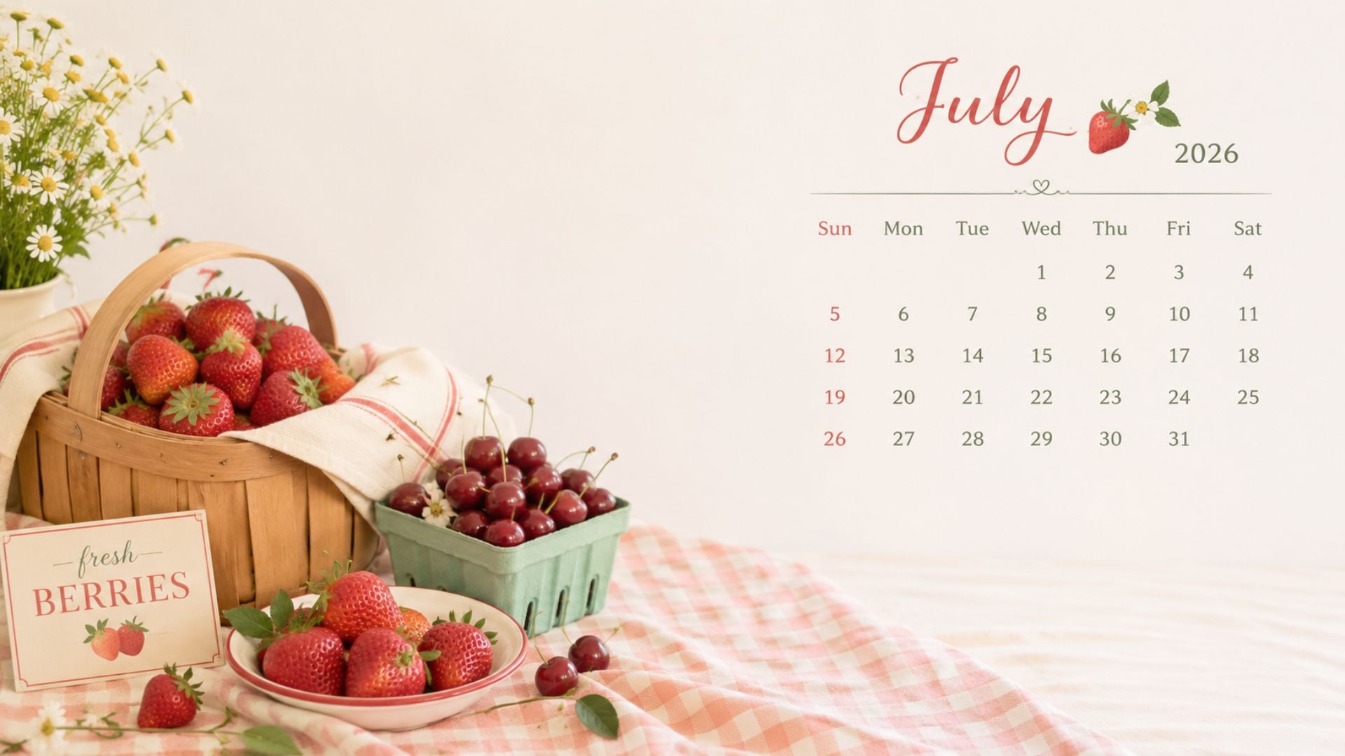 July 2026 Desktop Calendar Backgrounds with fresh summer berries, strawberries, cherries, gingham fabric, and a cute monthly calendar layout.