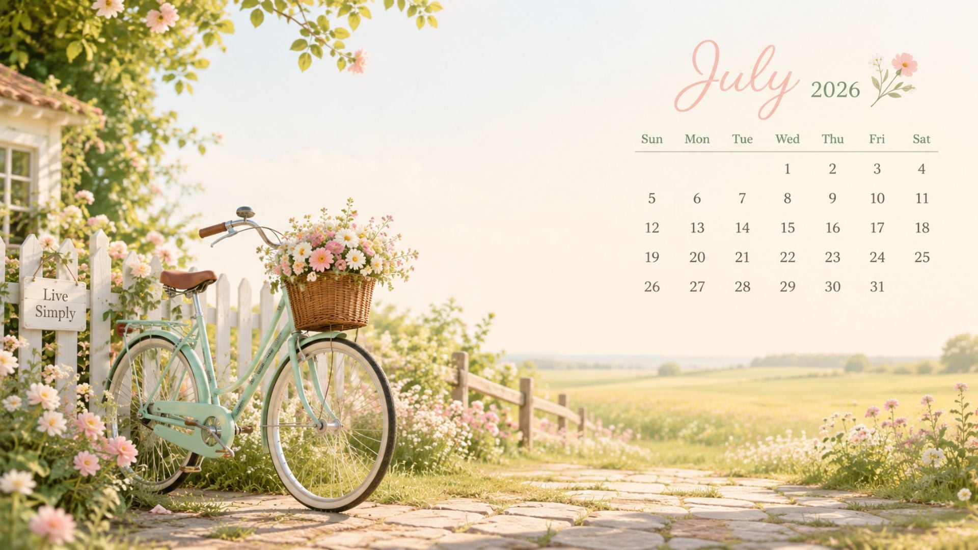 July 2026 Desktop Calendar Backgrounds with a vintage bicycle, flower basket, cottage garden path, and a soft summer calendar design.