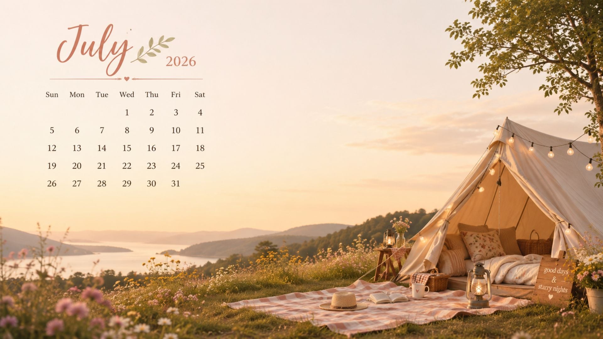 backgrounds-camping-wallpaper.jpg
July 2026 Desktop Calendar Backgrounds with a cozy summer camping scene, canvas tent, string lights, and a warm sunset calendar design.