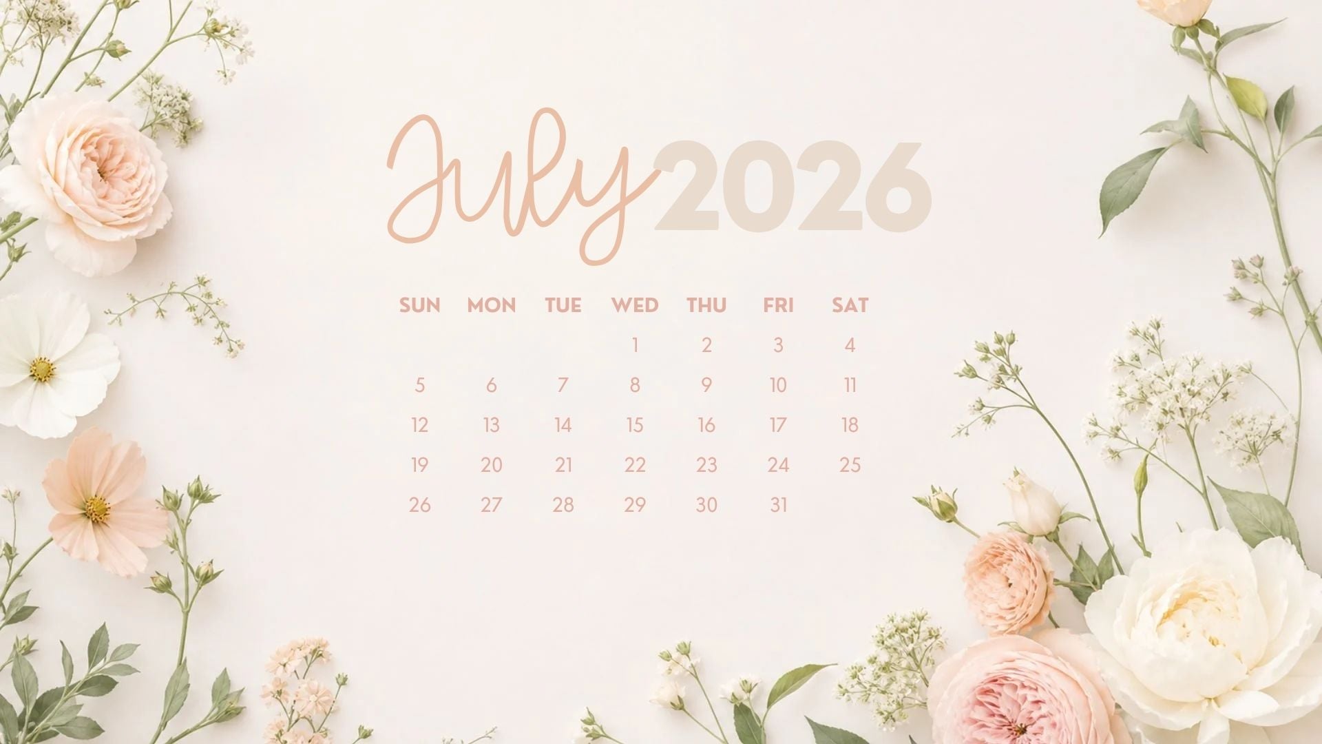 July 2026 Desktop Calendar Backgrounds with soft blush flowers, white florals, and an elegant feminine summer wallpaper design.