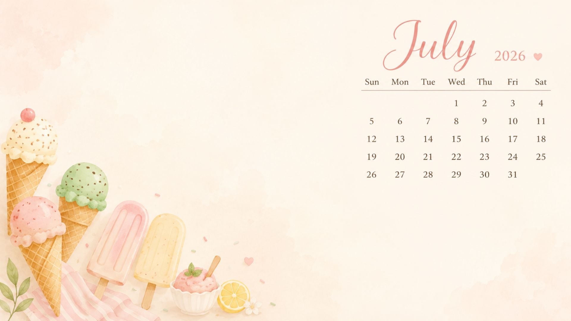 July 2026 Desktop Calendar Backgrounds with pastel ice cream cones, popsicles, soft summer treats, and a sweet July calendar design.