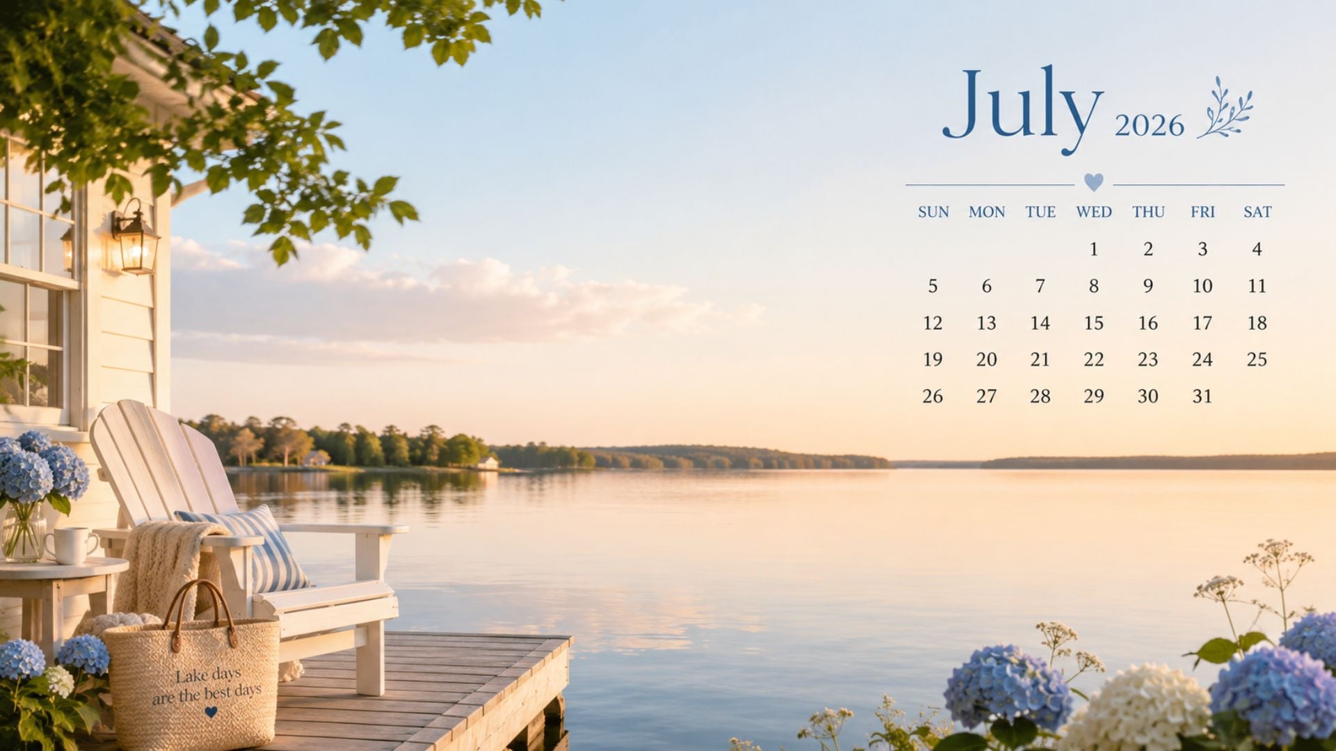 July 2026 Desktop Calendar Backgrounds with a peaceful lakeside cottage view, blue hydrangeas, calm water, and a clean monthly calendar layout.