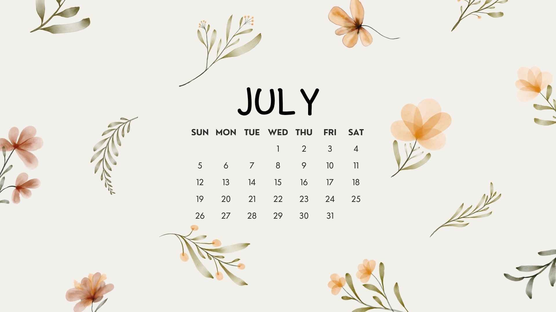 July 2026 Desktop Calendar Backgrounds with a minimal floral design, delicate watercolor flowers, soft greenery, and airy white space.